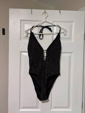 Black Shimmer One-Piece Swimsuit | Pearl Detail | Halter Plunge Swim Suit (XL)